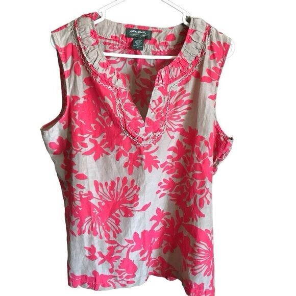 Eddie Bauer Silk blend blouse Top Sleeveless tan red stitching SZ XL - Picture 1 of 5